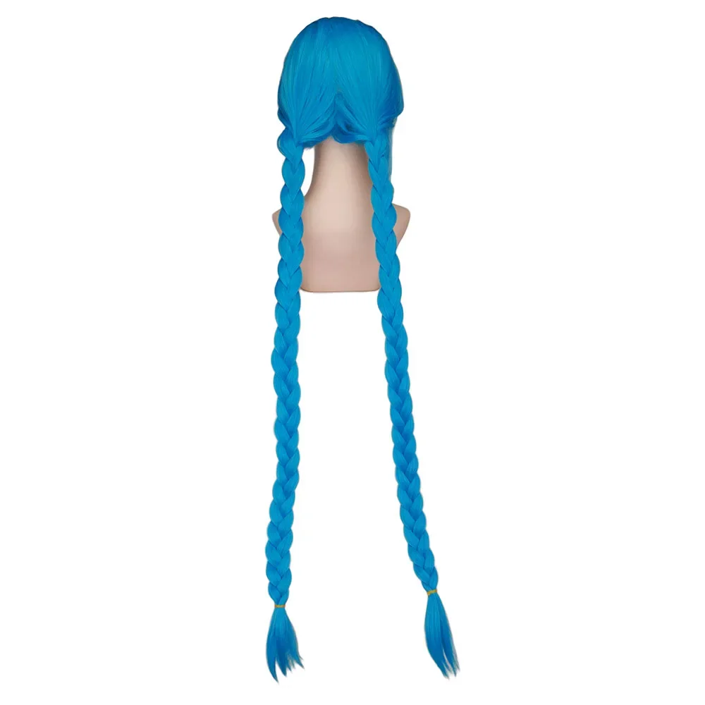 QQXCAIW Anime Cosplay LOL Jinx largo azul con trenzas dobles pelucas de pelo sintético resistentes al calor Halloween