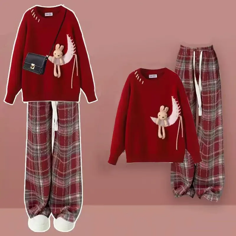 Winter Set 2024 New Year Korean Version Red Doll Collar Sweater+flannel Checkered Pants Two-piece Set Christmas Clothing Sweater