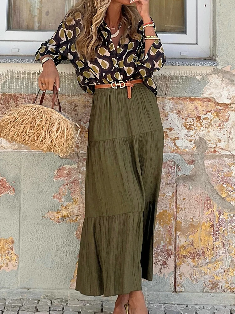 

Lady Casual Ruffle Skirt Outfits Elegant Print Patchwork Matching Suit Women Office Buttons Shirt Tops And Skirt Two Piece Sets