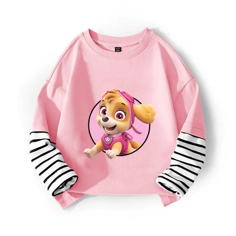 Paw Patrol Clothes Kids Spring Autumn T-shirt Trend Fake Two Striped Tops Cute Cartoon Chase Skye Pullover Long-sleeved Gifts