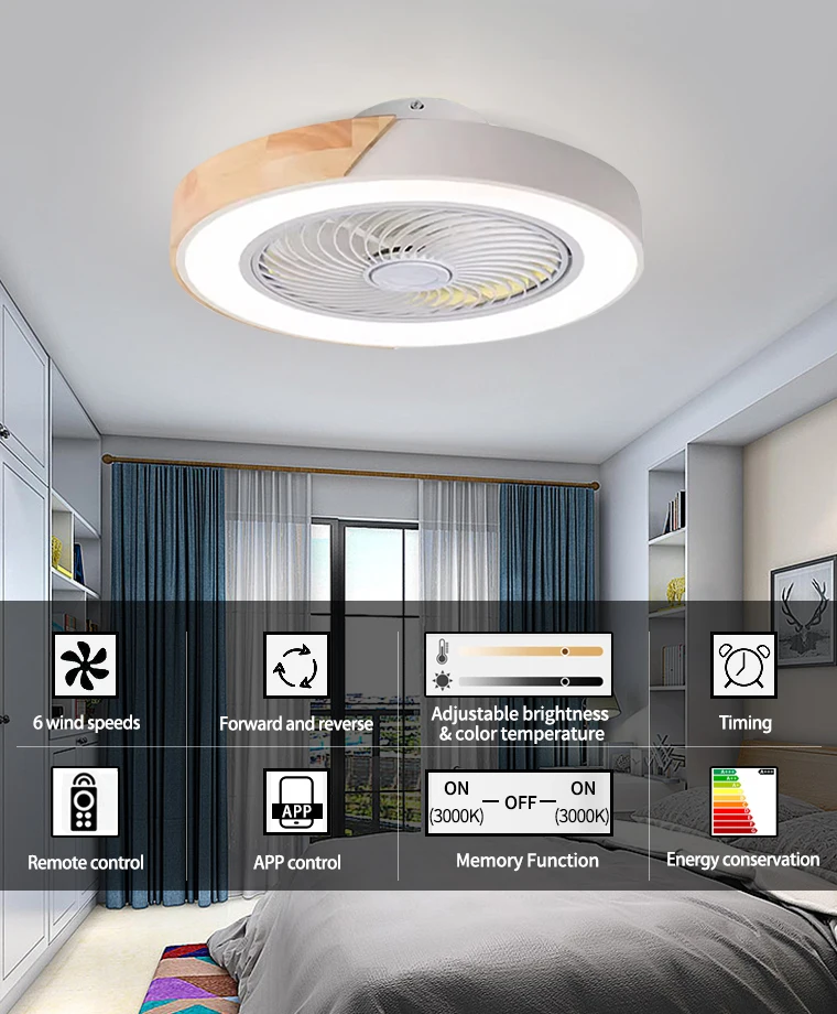 Smart Ceiling Fans With Light For Living Room Dining Room Blades Reversible 6 Speeds 52CM Fans Lighting 110V/220V