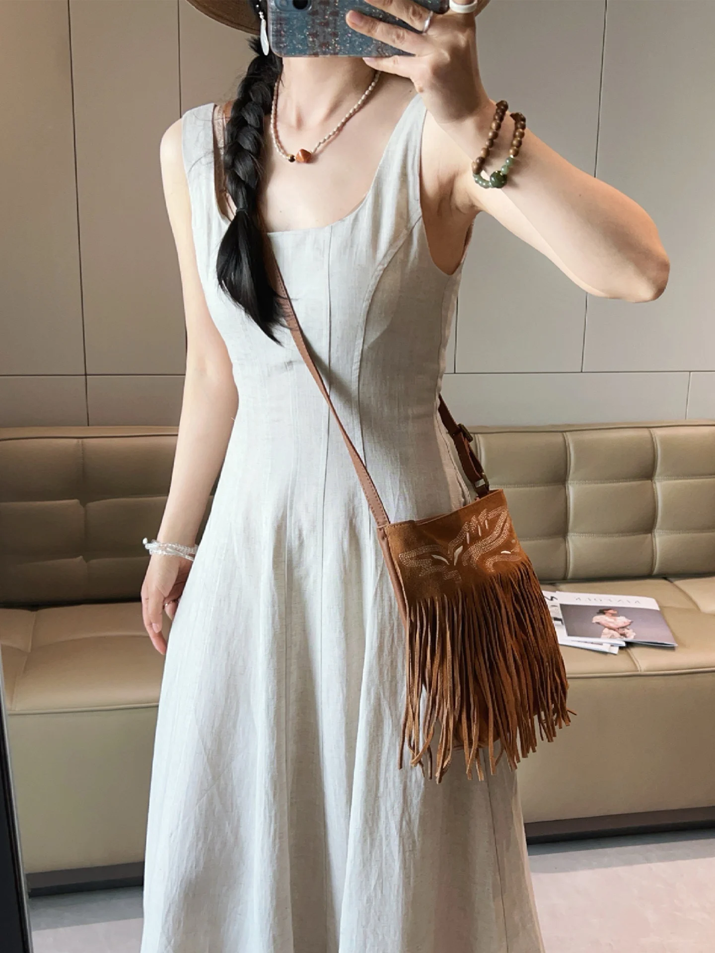 

Women's U-Neck Linen Sleeveless Wrap Dress Slimming Long Dress Summer Fashionable Casual Travel V-Neck Zipper Back