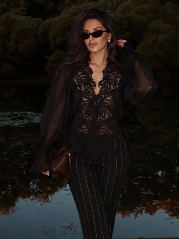 HH Women Black Lace Blouse Elegant Sheer Chiffon Long Sleeve Top Vintage Floral Lace Shirt for Fall Office Work Date Night Party
