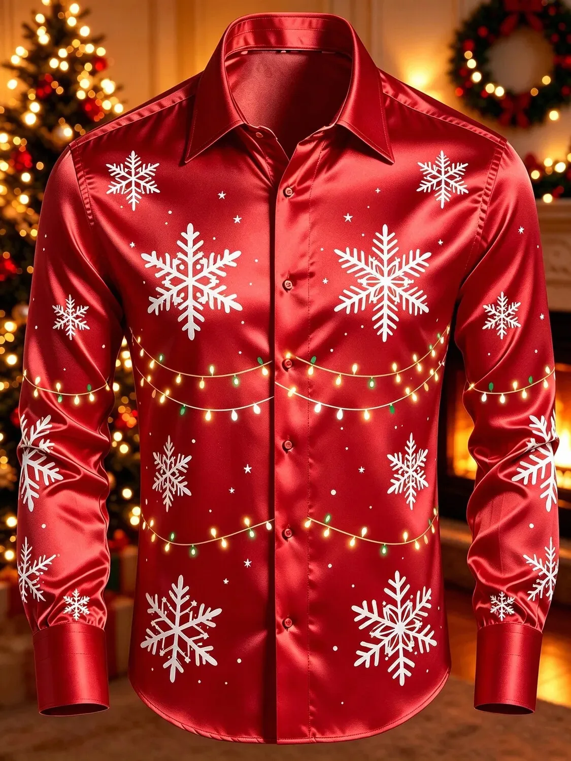 Christmas Satin Button Down Shirt, Nordic Knit Style Reindeer Snowflake Print, Men Holiday Long Sleeve Shirt