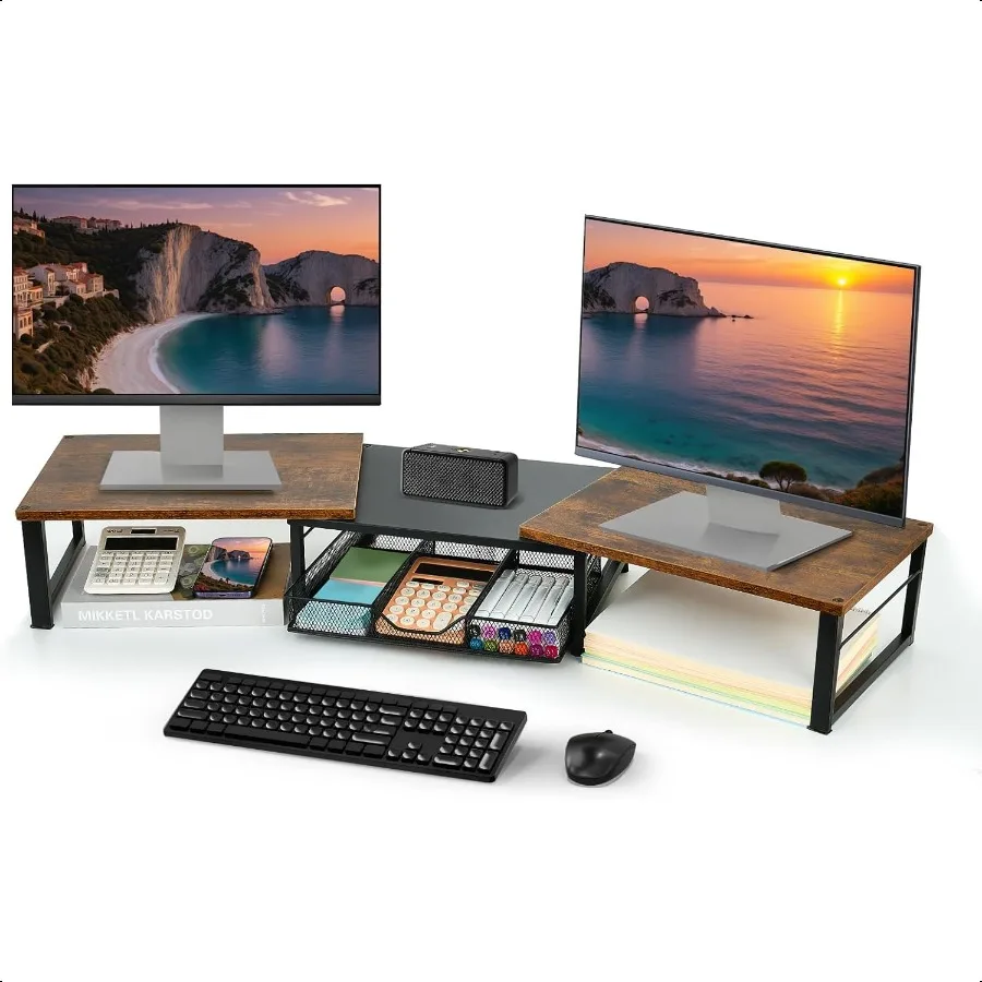 

Двойная подставка для монитора, настольный органайзер с выдвижным ящиком, настольные органайзеры и аксессуары, организация рабочего пространства, подставка для компьютерного монитора