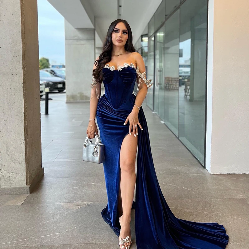 

Thinyfull Sexy Mermaid Prom Dresses Sweetheart Split Velvet Eveing Night Dress Saudi Arabia Cocktail Party Prom Gowns Plus Size