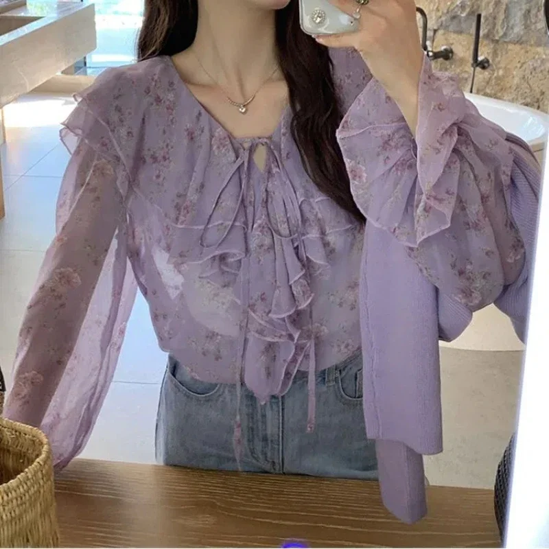 

Шифоновая рубашка с цветочным принтом в виде листьев лотоса и женским дизайном, нишевая рубашка с галстуком-бабочкой во французском стиле, маленький свежий и милый топ