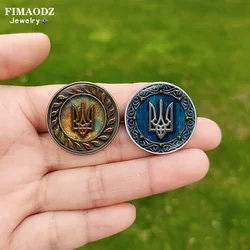 FIMAODZ New Arrived Tryzub Ukraine Brooches for Men Women Air Force Flag Trident Photo Glass Gem Metal Badge Pin Men Lapel Pins