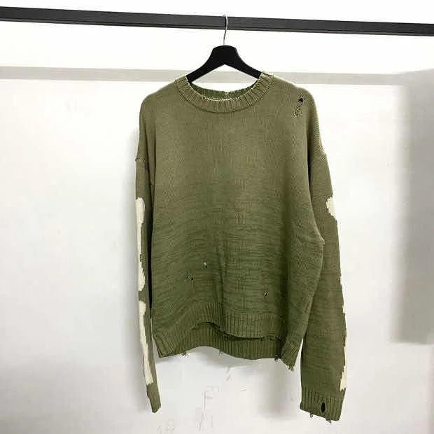 Kapital Green Loose Skeleton Bone Printing Sweater  Men Woman Good Quality High Street Damage Hole Vintage 1:1 Knit Sweater