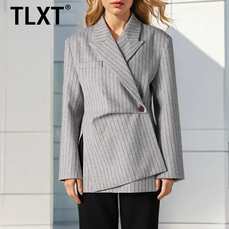 

TLXT модный пиджак в вертикальную полоску, женский пиджак с зубчатым воротником на одной пуговице, нерегулярный пиджак, осень-весна, новинка 202, XK1455