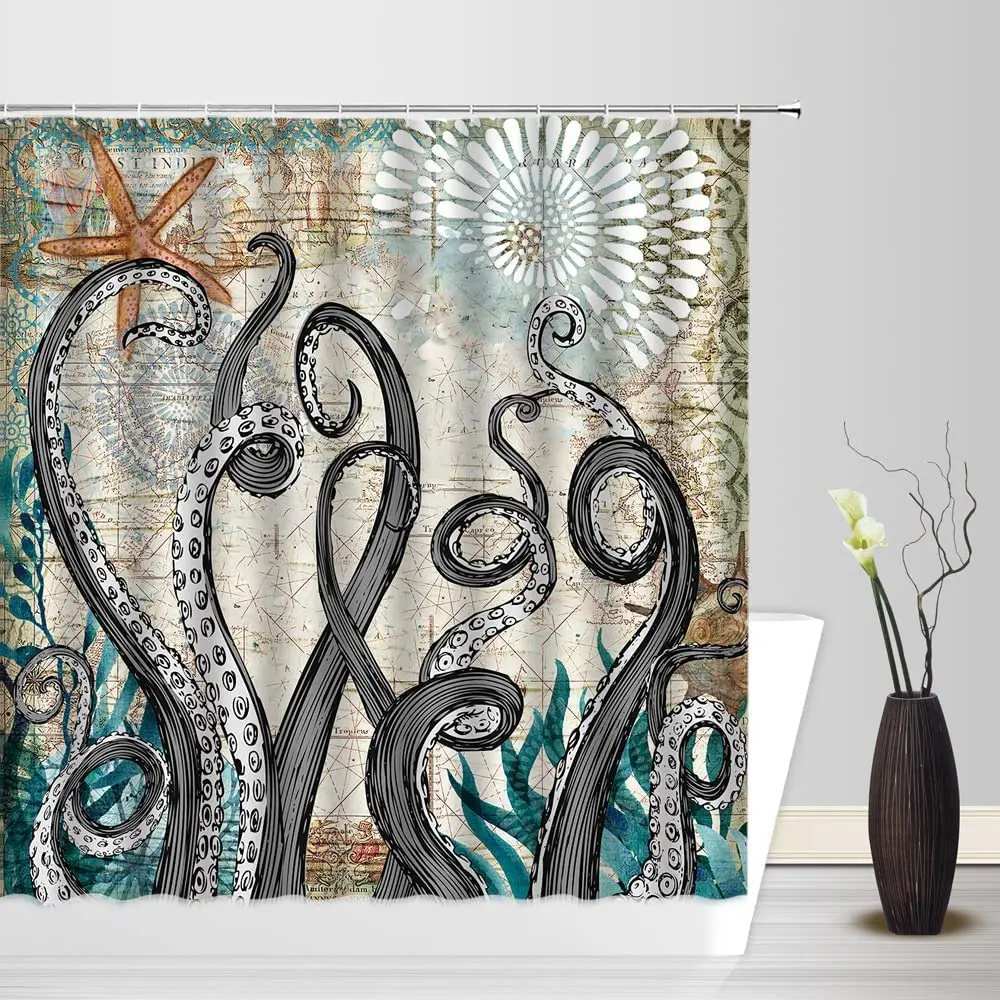 Octopus Tentacles Shower Curtain Nautical Starfish Seaweed Old Map Marine Life Bath Curtains Waterproof  with Hooks Home Decor