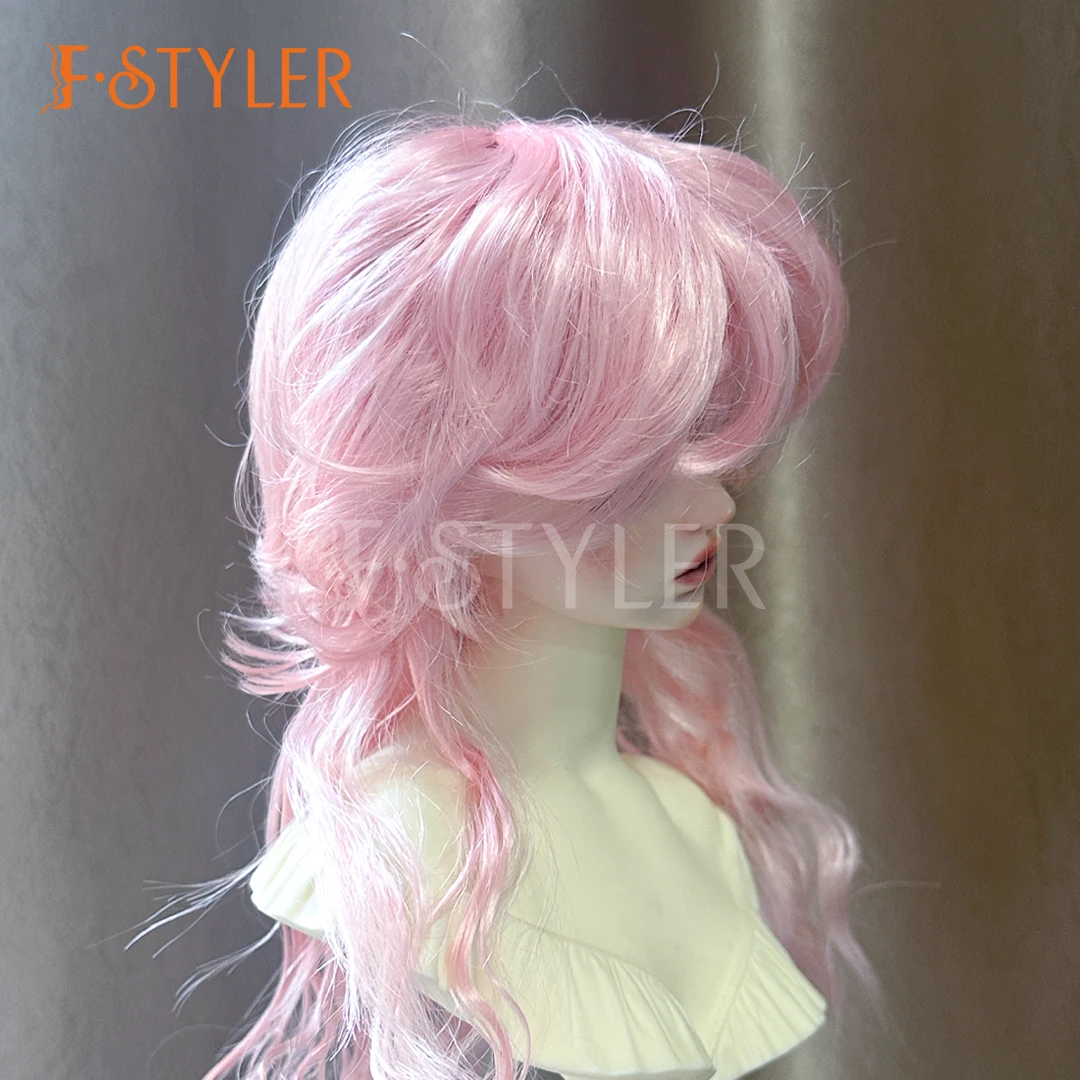 FSTYLER Pink Wig BJD SD Back Long Wave Curls Hair 6-7inch 7-8inch 8-9inch Dolls Wigs 1/3 Synthetic Mohair Boy Dolls Hair