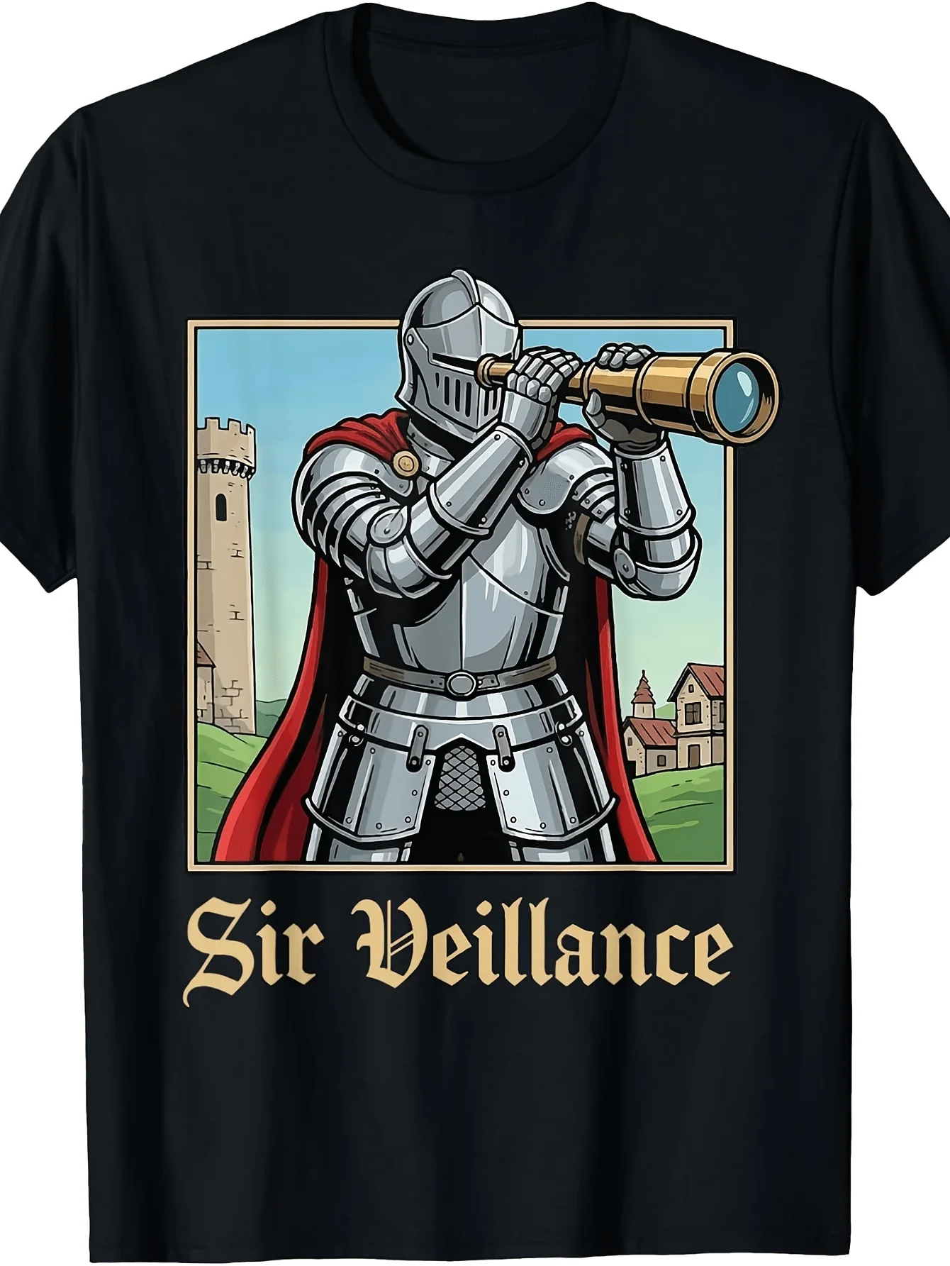 Sir Veillance Retro T-Shirt - Helmet & Sword Graphic Print, Round Neck Regular Fit Casual Shirt, Machine Washable Suitable for Themed Events, Medieval Roleplay, Casual Attire