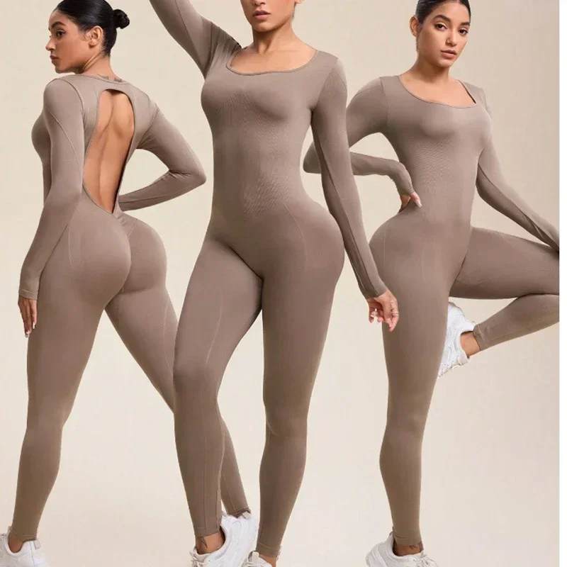 Aiithuug Square Neck Long Sleeve Jumpsuits Heart Shape Back Yoga Rompers Long Sleeve Backless Workout Bodycon One Piece Gym