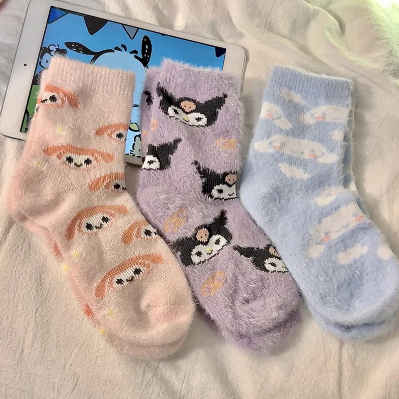 New Kuromi Cinnamoroll Melody Socks Kawaii Sanrio Plush Sock Floor Socks Sleeping Socks Warm Christmas Girl Birthday Gift