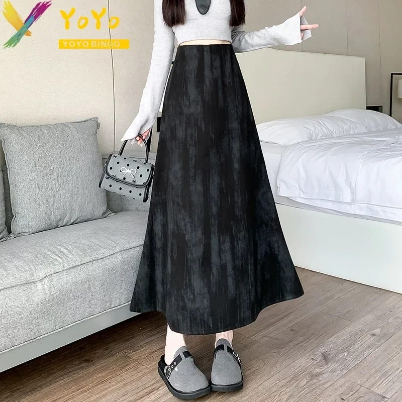 Elegant Temperament Print Velvet High Waist A-line Skirt Autumn/Winter 2024 Fashion Chic Elastic Waist Mid-length Ankle Skirt