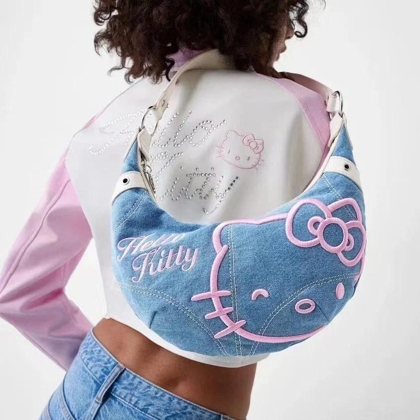 

New 2024 Spring And Summer New Large-capacity Denim Armpit Bag Hello Kitty Cute Retro Shoulder Messenger Bag Women Birthday Gift