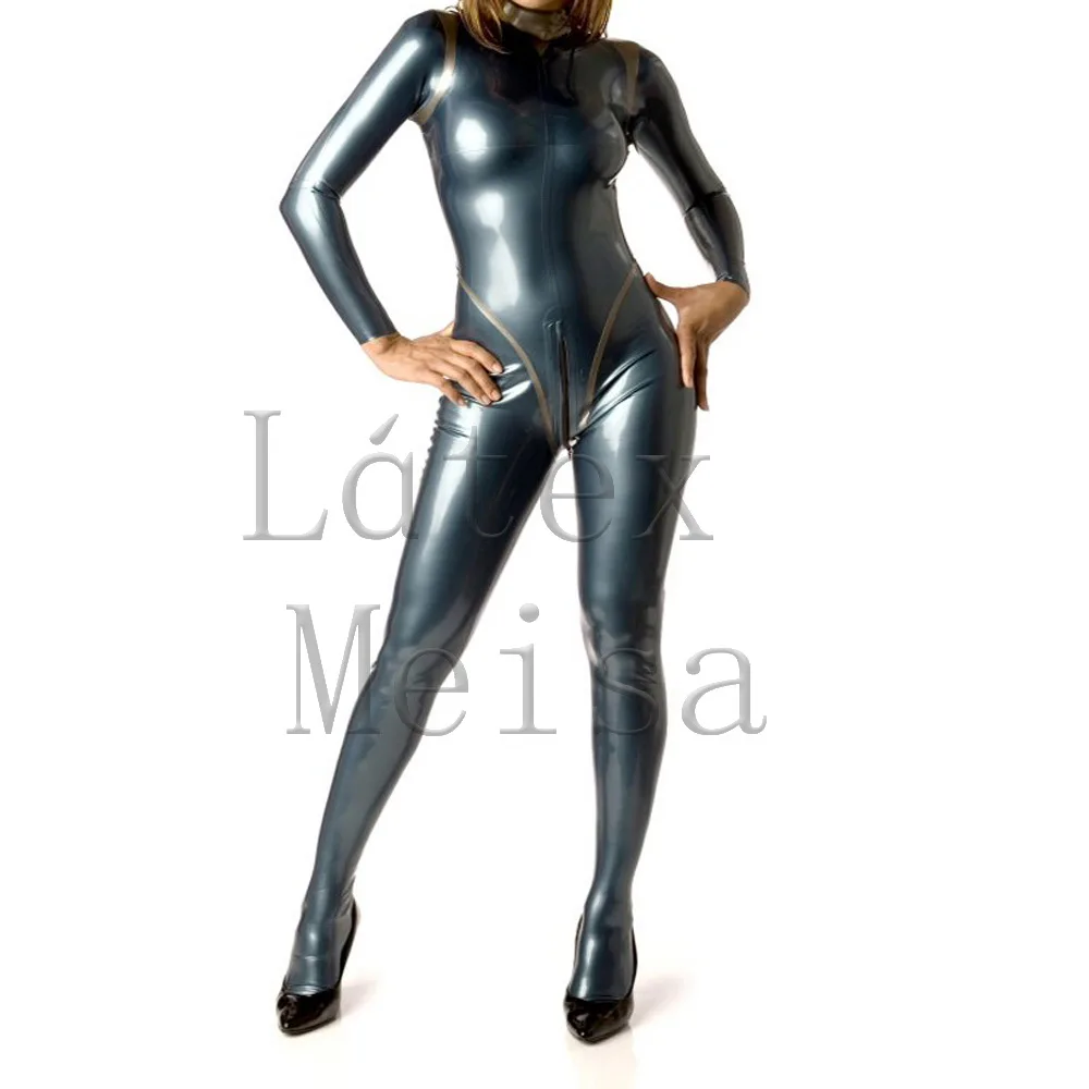 

Латексный комбинезон толщиной 0,4 мм с прикрепленной передней молнией и сзади на талии и носками для женщин синего цвета металлик
