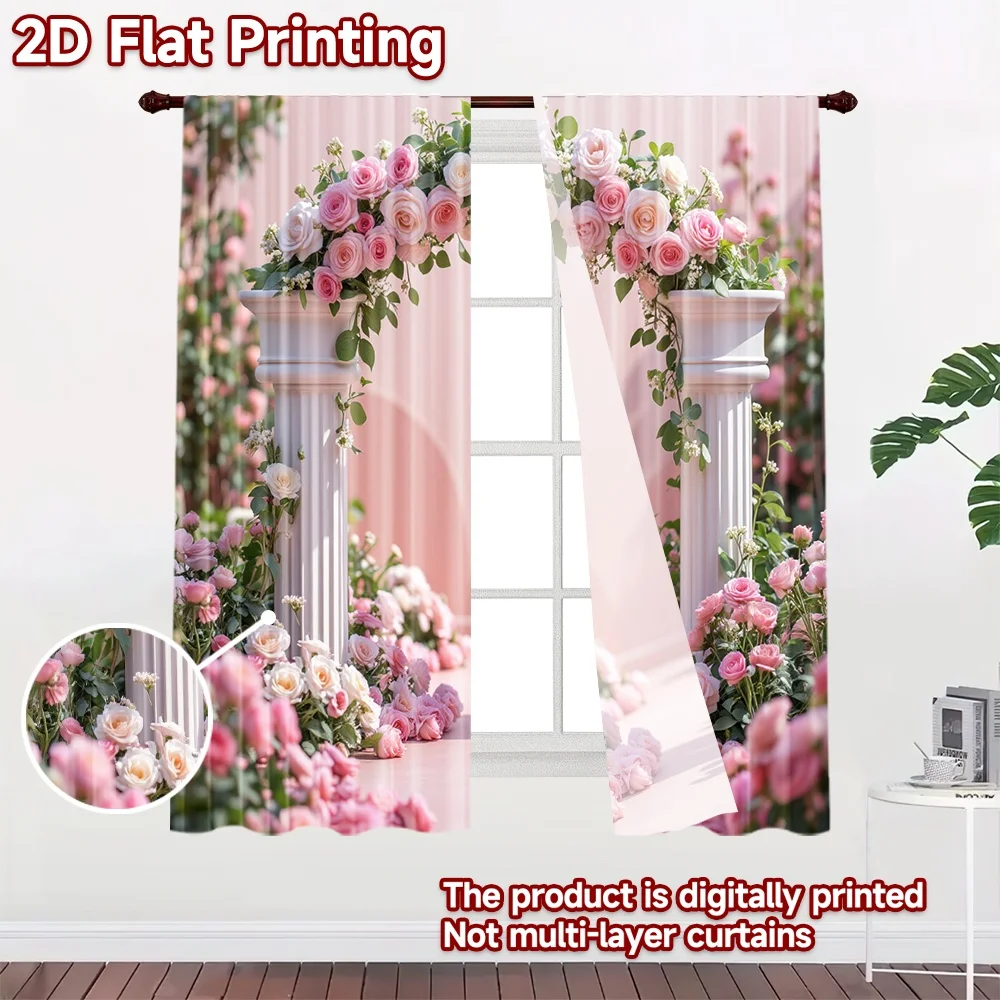 2D flat 2pcs Curtain Retro Country Style Wedding Pink Rose Arch Durable polyester fiber Party Decorations Perfect for Entryway