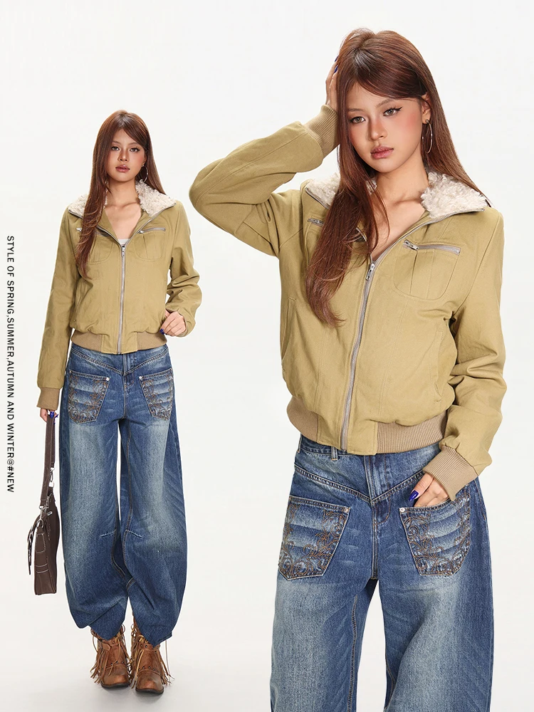 

Sle Cool ort Jaet Women's Autumn Winter American Fce Lined Slim Fit Outerwear Stand Collar Zipper Closure