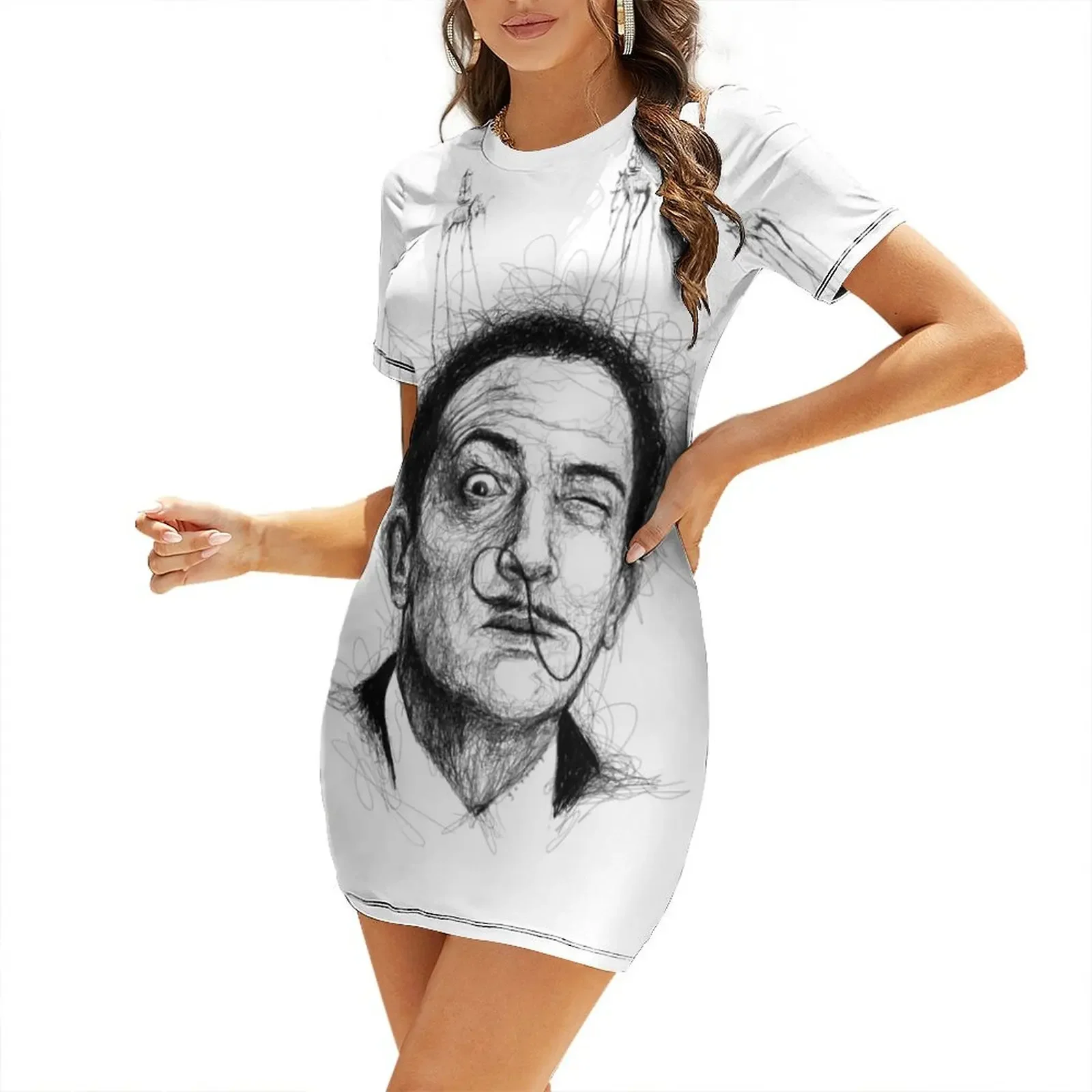 

Salvador Dali. Portrait. Scribble art. Short-Sleeved Dress Beachwear clothes summer dress womens 2025 Dress