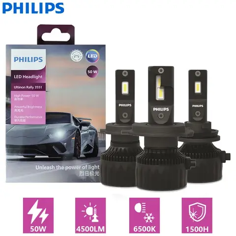 필립스 Ultinon Rally 3551 LED H4 H7 H11 HB3/4 H18 H19 HIR2 자동차 헤드라이트 6500K 흰색 최대 전력 50W 최대 루멘 4500lm LED 전구 2X