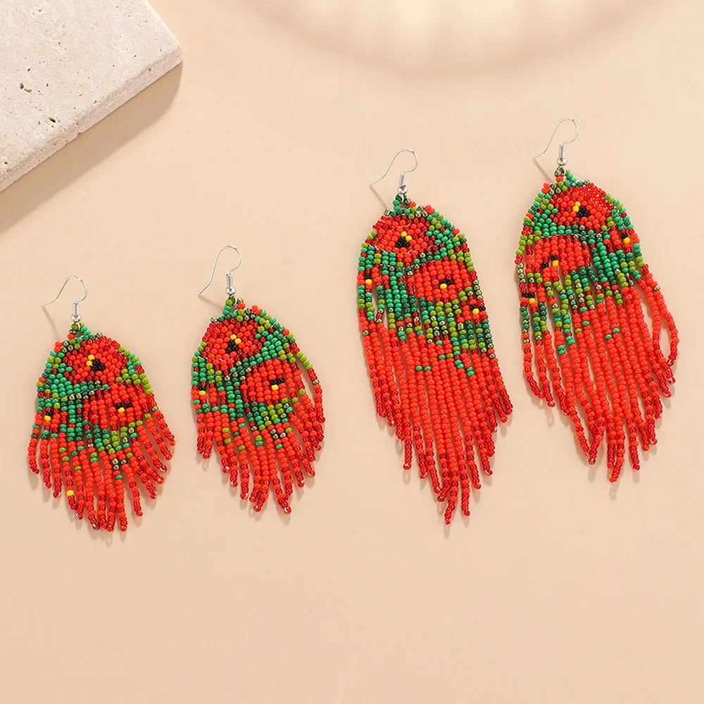 Bohemia Elegant Women\'s Jewelry Boho Creative Ethnic Red Handmade Beads Flower Pattern Beaded Tassel Drop Earrings for Women New