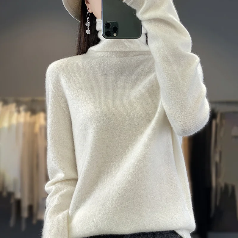 

Autumn and Winter Line Clothing 100% Pure Woolen Sweater Women Pile Neck Sweater Seamless Turtleneck Knit Bottom Shirt