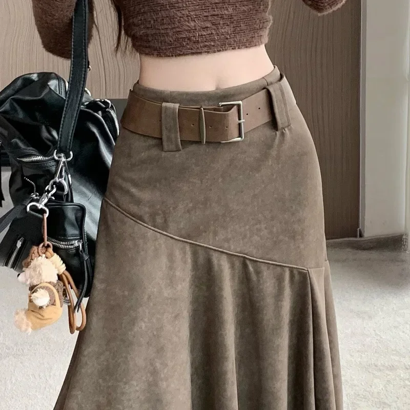 PopPopRetro Khaki Suit Skirt Women's Autumn Asymmetrical High Waist A- Line Straight Tube Skirt Versatile Bodycon Drapey Skirt
