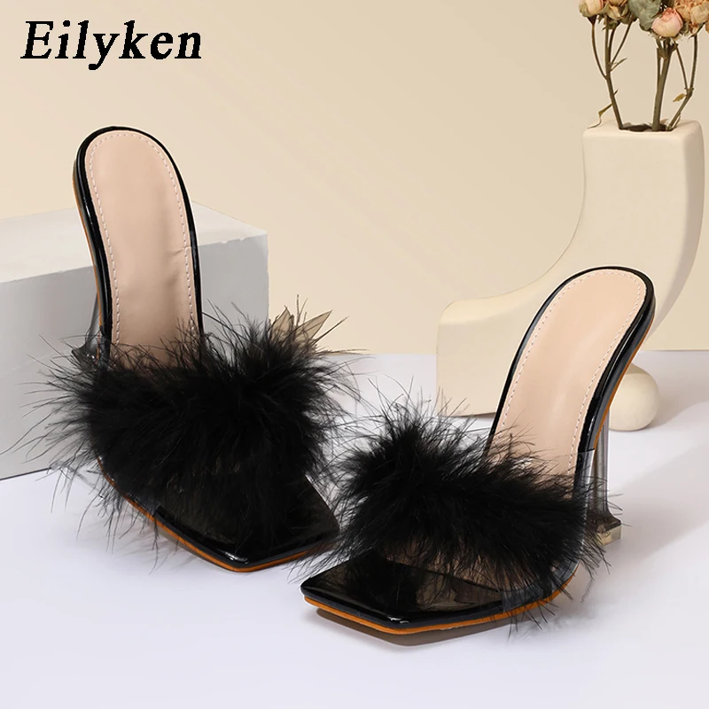 Eilyken, nuevos zapatos de PVC, zapatillas para mujer, tacones altos transparentes de plumas, zapatos de tacón de piel, mulas con punta cuadrada,