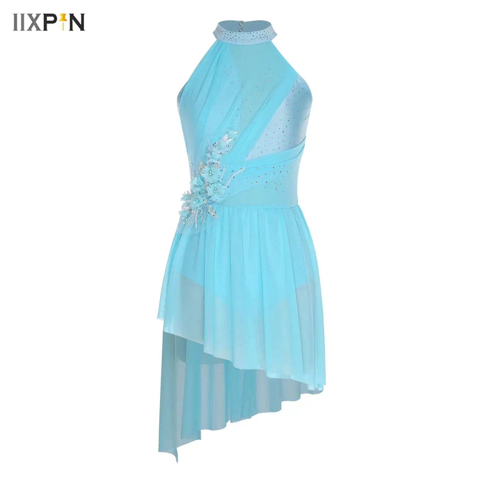 

Womens Lyrical Dance Dress Chiffon Dress Halter Shiny Rhinestones Asymmetrical Hem Leotard Dress for Performance Competition