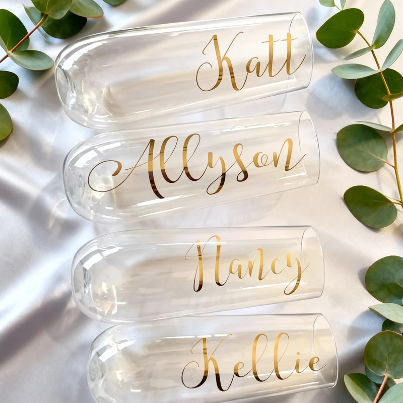 

Plastic Wine Glasses - Stemless Wine Glass, Personalized Champagne Flute Gifts for Bridesmaids, Bachelorette Party Glasses