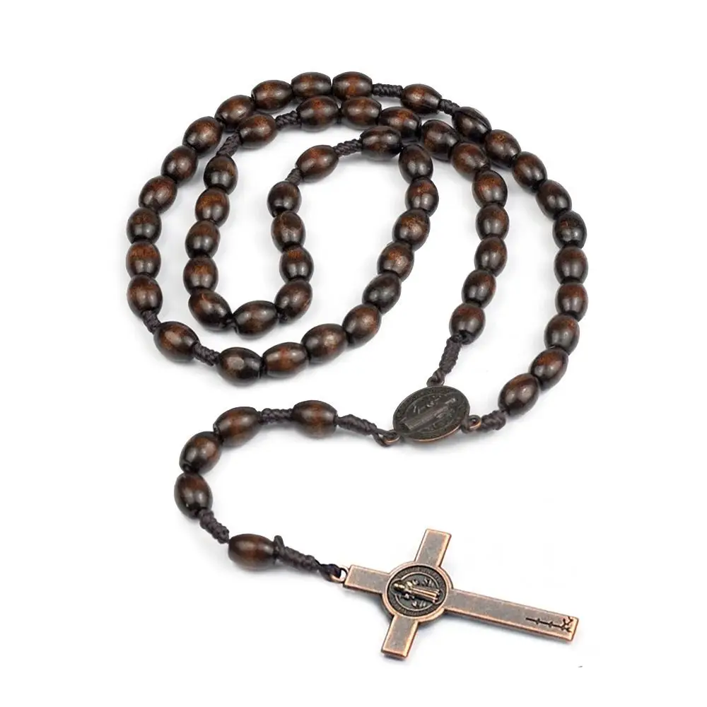 Handmade Rosary Necklace Religious Wood Beads Necklace Durable Catholic Crucifix Pendant Chain Church