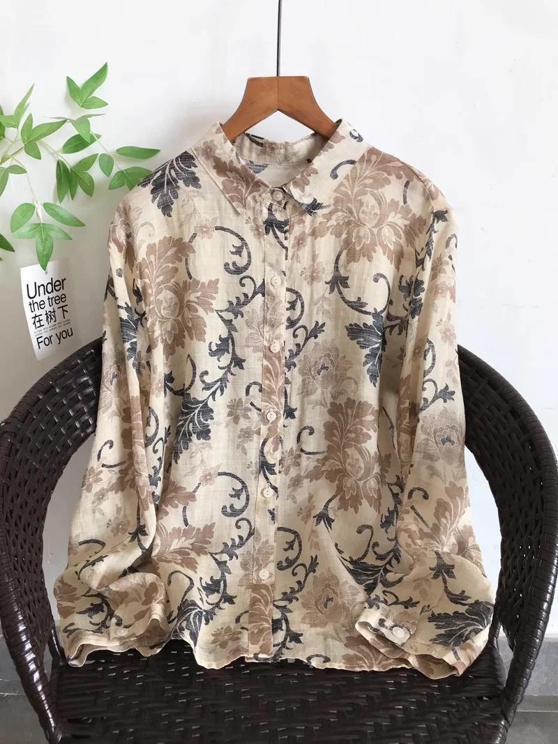 Enianechu Camicie con stampa a pois in puro lino ramio al 100% Camicetta da donna colorata con pois arcobaleno Traspirante Natura Top a maniche lunghe