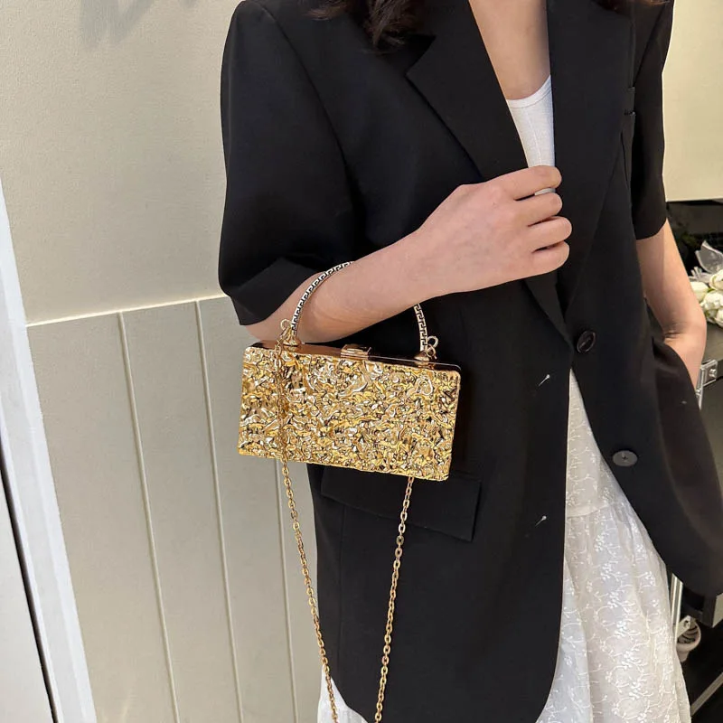 Metal Colour Box Design Women Party Clutch Bag 2023 New Shoulder Chain Purse Handbags Female Gold Crossbody Bag With Handle