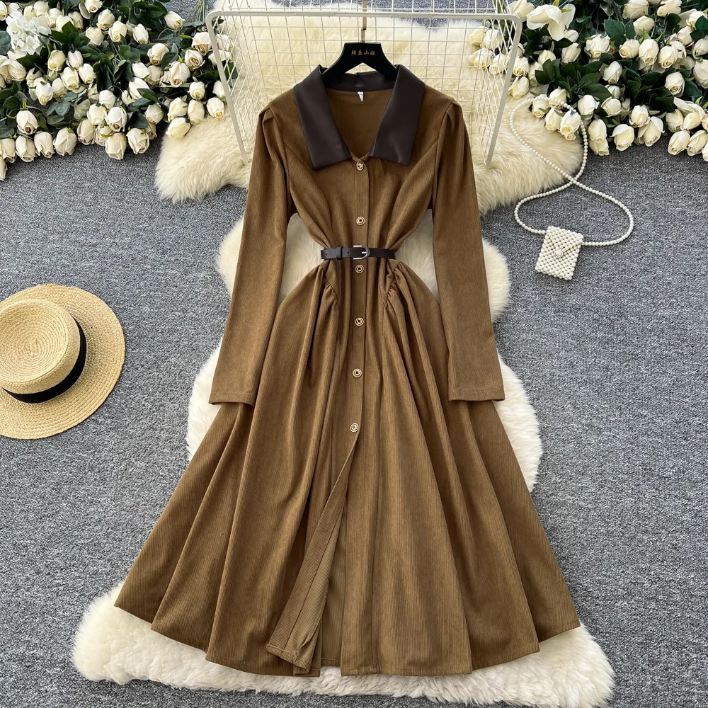 

Women Solid Dresses Velveteen Dress Ankle Lenth Turndown Collar Full Sleeve Waist Cinch Single Breasted Loose Casual 2025 Autumn