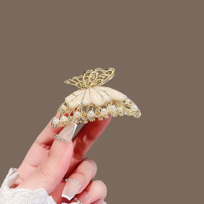 Exquisite Fairy Pearls Butterfly Hair Claw Medium-size Metal Material Half-tied Hair Grip Fashion Women's Hair Accessories
