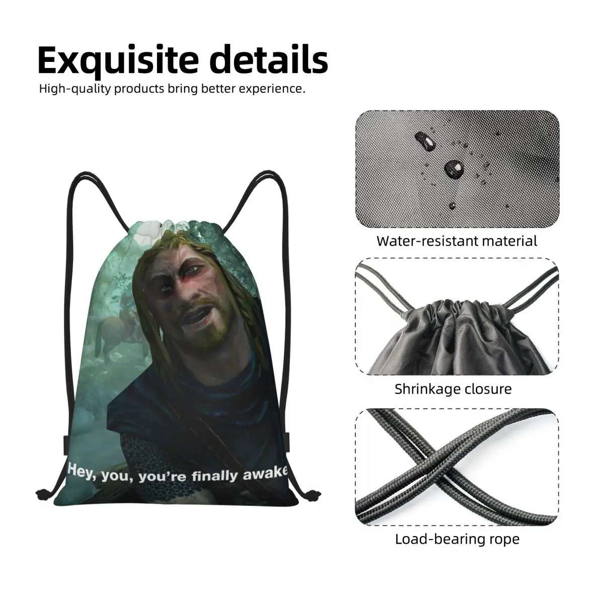 Hey You You're Finally Awake Drawstring Backpack Women Men Gym Sport Sackpack Foldable Skyrim Meme Training Bag Sack