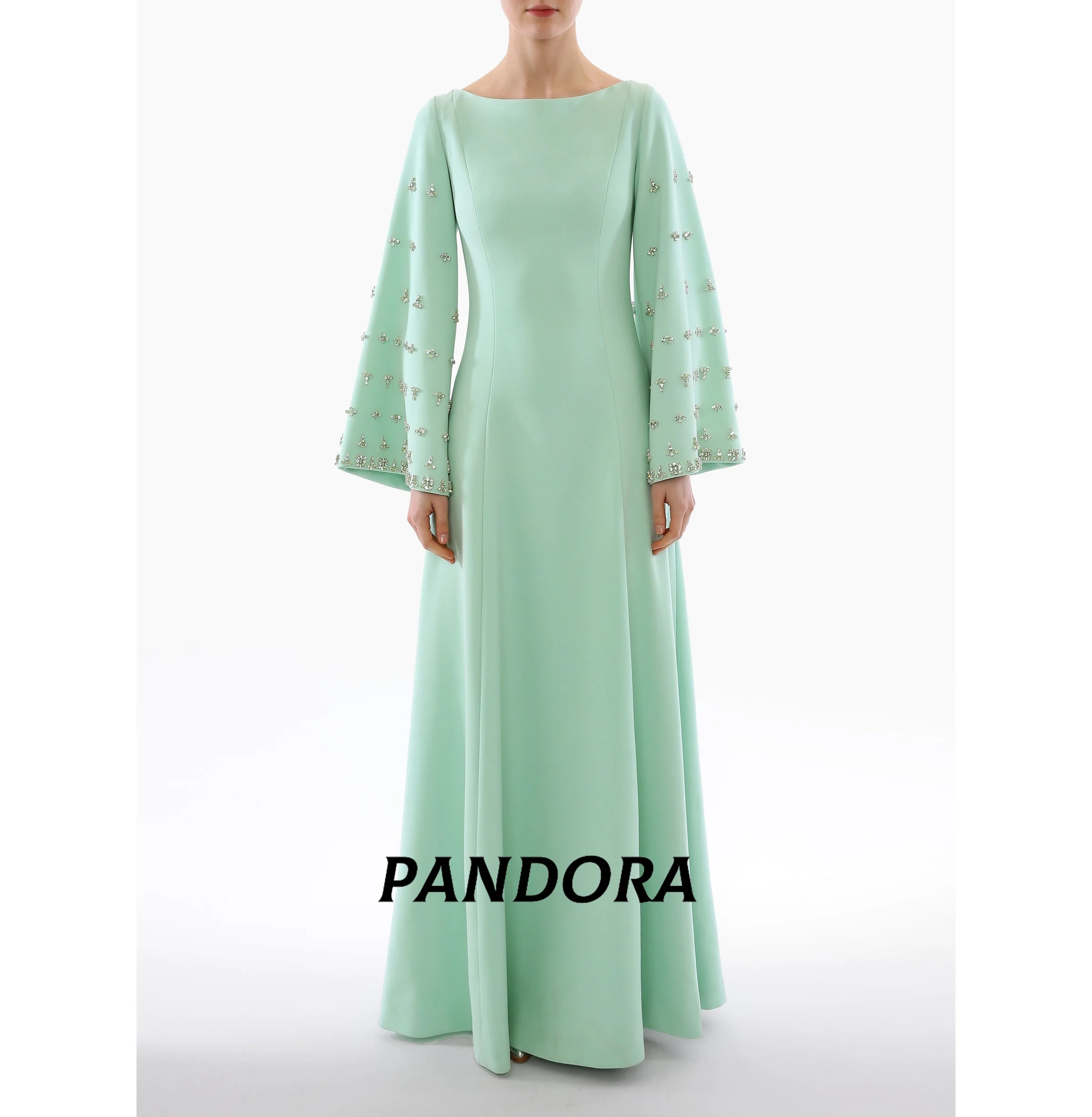 

Pandora Elegant Customized Boat Neck Beaded Flare Sleeve Formal Evening Dress Crystal Prom Dress Dubai Wedding Party Dress