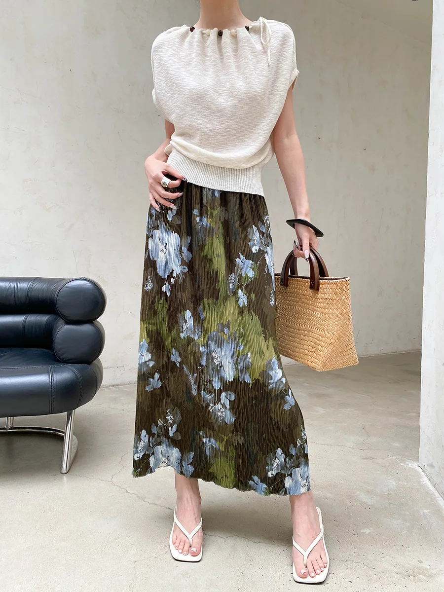 Sommerlicher Damenrock mit elastischem Bund, plissierter Textur, Retro-Print und geradem Schnitt – Detail 5