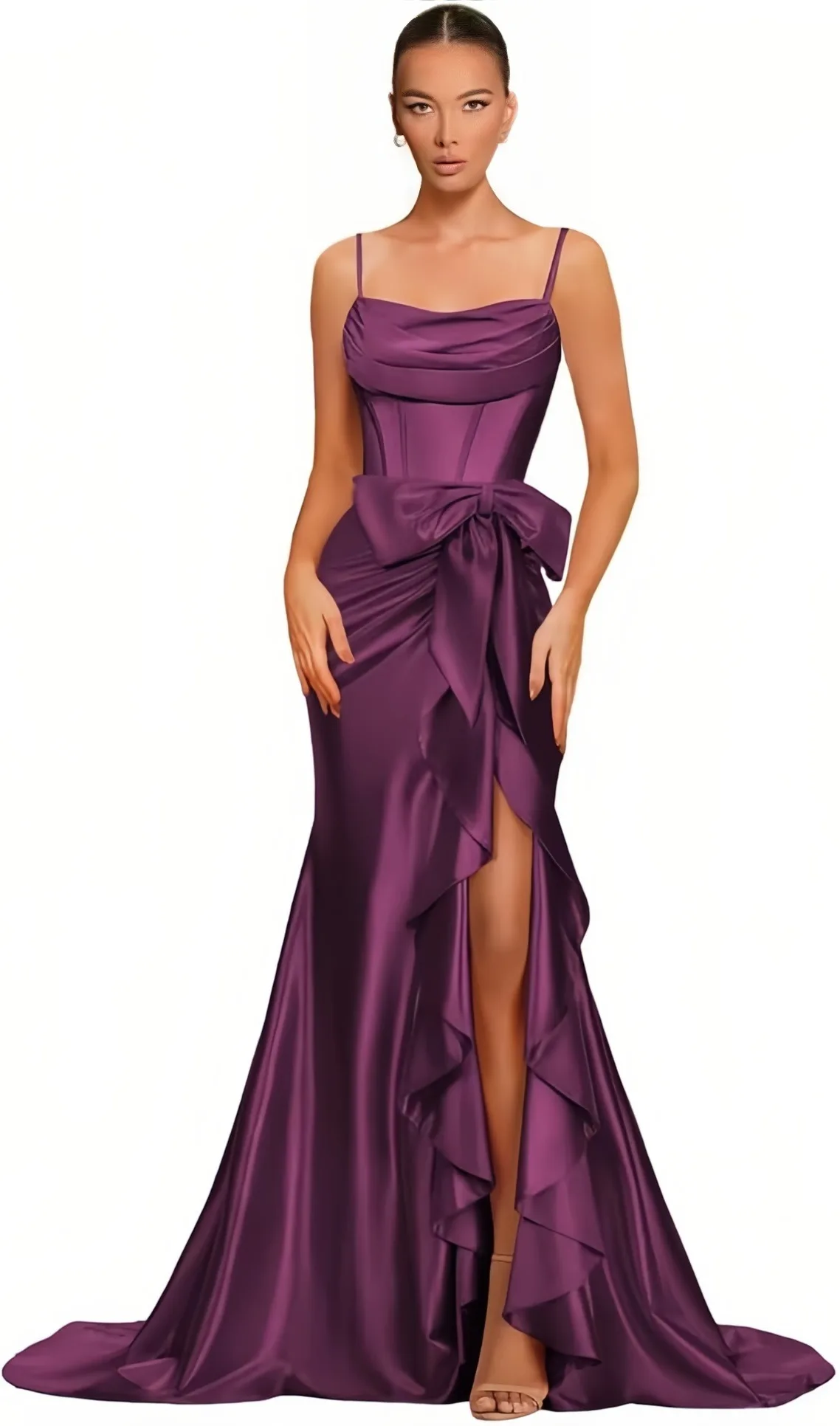 Spaghetti Straps Satin Prom Dresses for Women Mermaid Evening Gown Split off Shoulder Cocktail Dress with Bow Guest Dress image 5