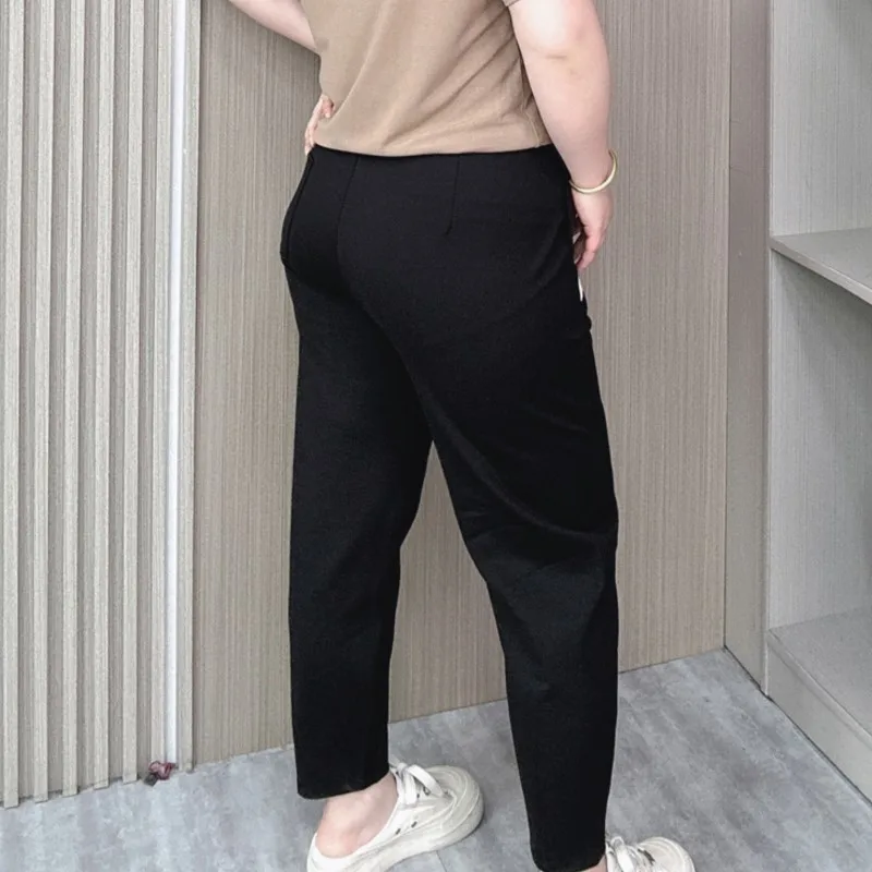 New Casual Pants Women Summer 2024 Plus Size Elastic High Waist Label Loose Ankle-Length Harem Pants