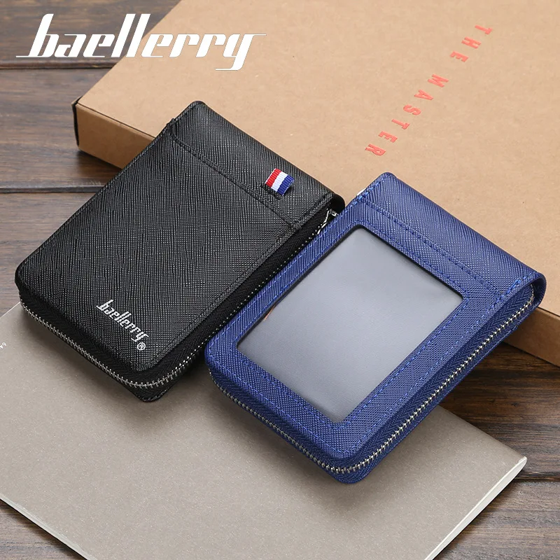 Baellerry Mini Men Card Wallets Name Print 9. Card Holders Zipper Card Wallet PU Leather Thin Male Card Purse Mini Carteria