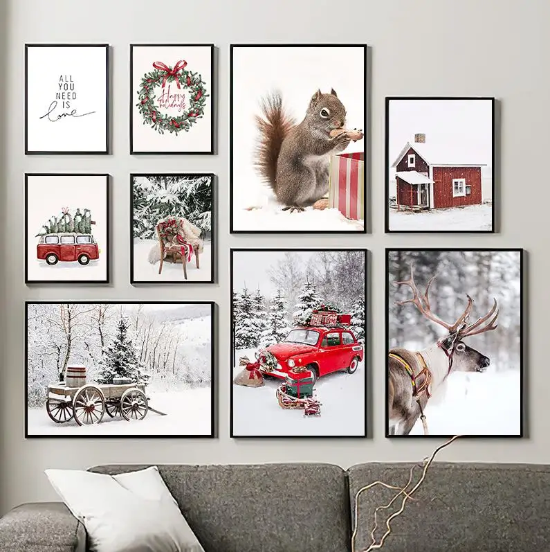 Christmas Red Car Home Elk Squirrel Wall Art Canvas Painting Holiday Living Room Decoration Posters And Prints Wall Pictures