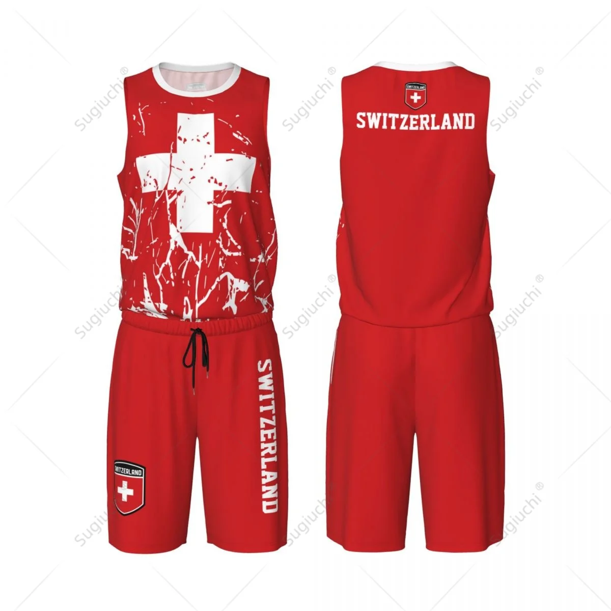 Team-Up Zwitserland Vlag Graan Heren Basketbal Jersey Set Shirt & Broek Mouwloos Aangepaste Naam Nunber Exclusief