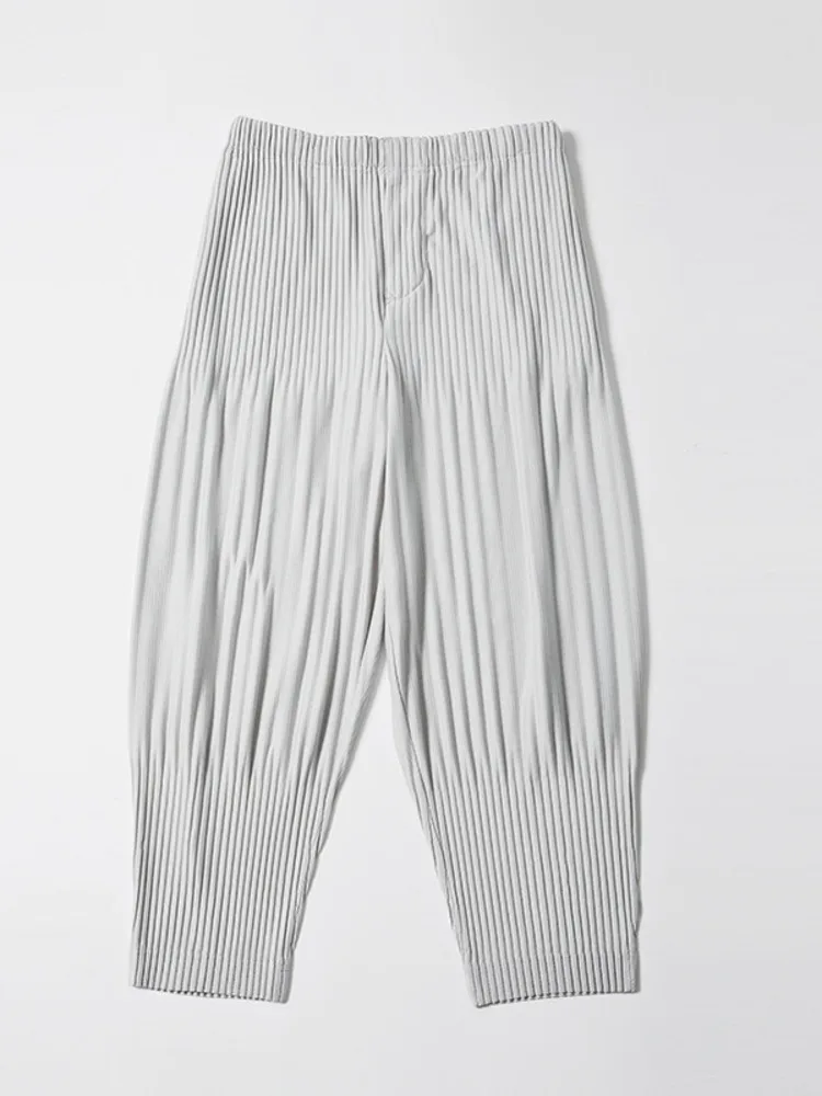 Miyake Pleated Solid Color Harem Pants Men Solid Color Pocket Elastic Waist 2023 Summer New Female Loose Casual Trousers