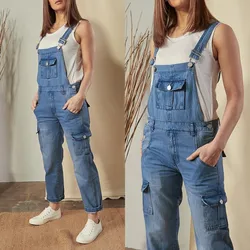 Women Overalls Spliced Vintage Mid Waist Straight Pants Washed Denim One Piece Pockets Casual Loose Fit Ankle Length 2024