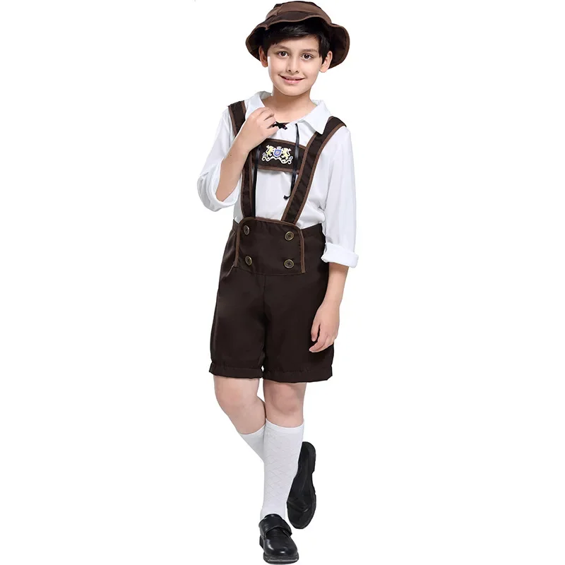 

Bavarian Oktoberfest Lederhosen Costumes for Boys Kids Beer Festival Outfit Suspenders Pants Shirt Hat Set Cosplay Clothing