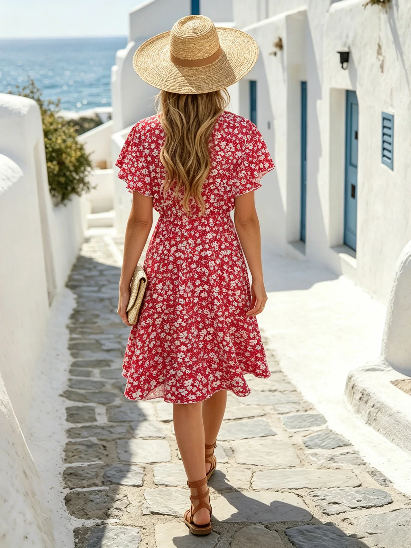 Damen Polka Dot V-Ausschnitt Midikleid Lässiges Knopfleisten-Kurzarmkleid A-Linie Swing Sommer Strandkleid – Detail 21