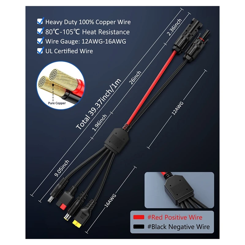 NEW-4-In-1 Solar Panel Connector Extension Cable Splitter For Anderson Connector DC Adapter Power Plug XT60 Female Conn